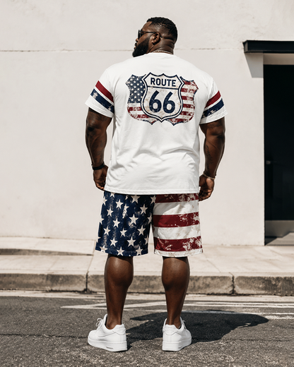 Big & Tall Men's Distressed Flag Road 66 Printed Crew Neck Short Sleeve T-shirt Shorts Set
