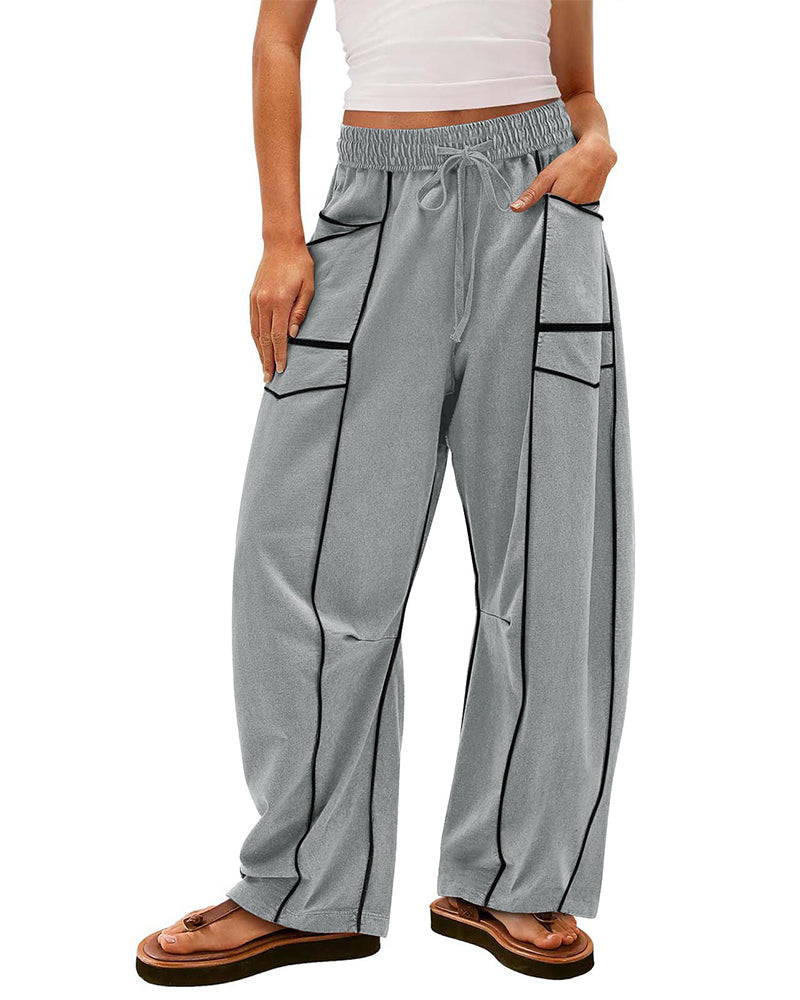 Women's Baggy Barrel Pants Wide Leg Drawstring Pockets Sweatpants