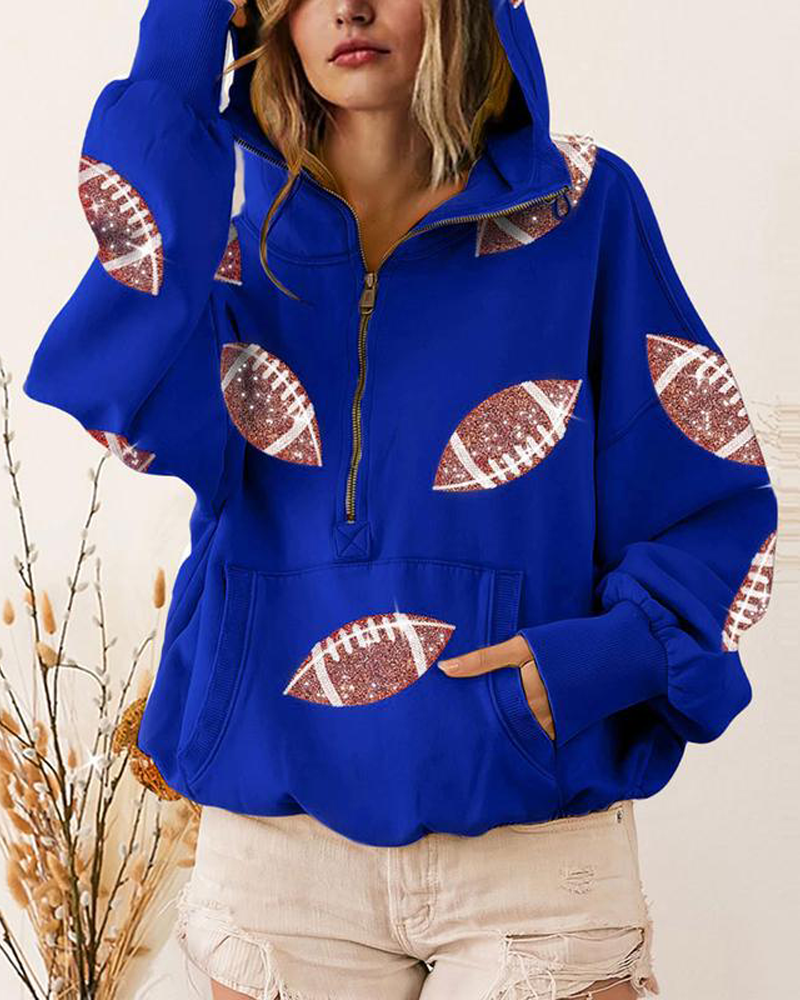 Football Sequin Hoodies Zipper Game Day Sweaters with Pocket