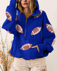 Football Sequin Hoodies Zipper Game Day Sweaters with Pocket