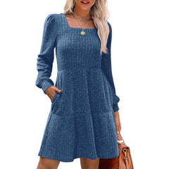 Square Neck Long Sleeve Sweater Dresses With Pockets