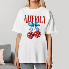 4th of July American Flag Cherry Bow T-Shirt