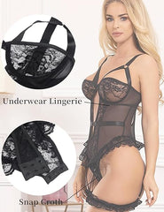 Women's Contrast Lace Cut Out Ring Linked Sexy Lingerie