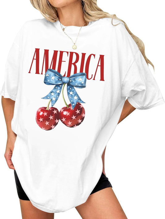 4th of July American Flag Cherry Bow T-Shirt
