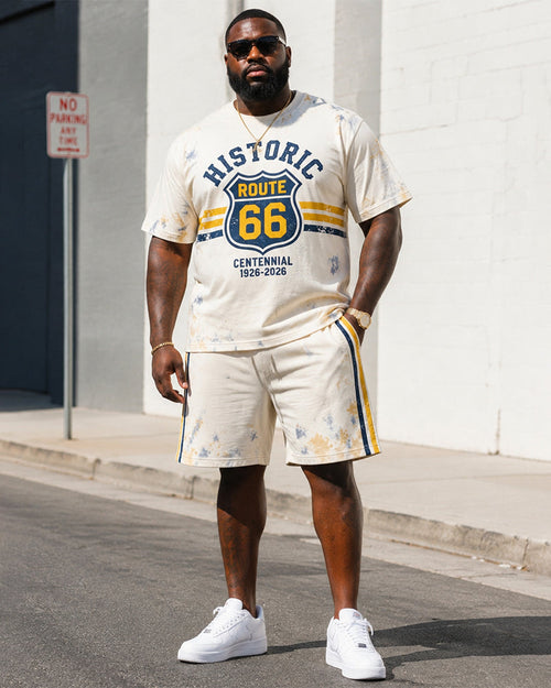 Big & Tall Men's Tie-Dye Route 66 Centennial Printed Crewneck Short Sleeve T-Shirt Shorts Set