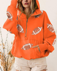 Football Sequin Hoodies Zipper Game Day Sweaters with Pocket