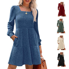 Square Neck Long Sleeve Sweater Dresses With Pockets