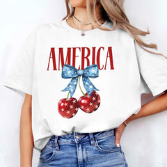 4th of July American Flag Cherry Bow T-Shirt