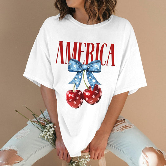 4th of July American Flag Cherry Bow T-Shirt