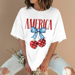 4th of July American Flag Cherry Bow T-Shirt