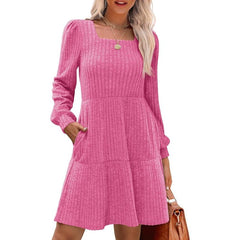 Square Neck Long Sleeve Sweater Dresses With Pockets
