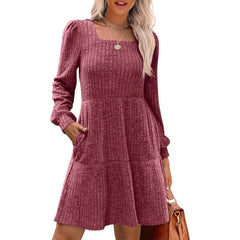 Square Neck Long Sleeve Sweater Dresses With Pockets