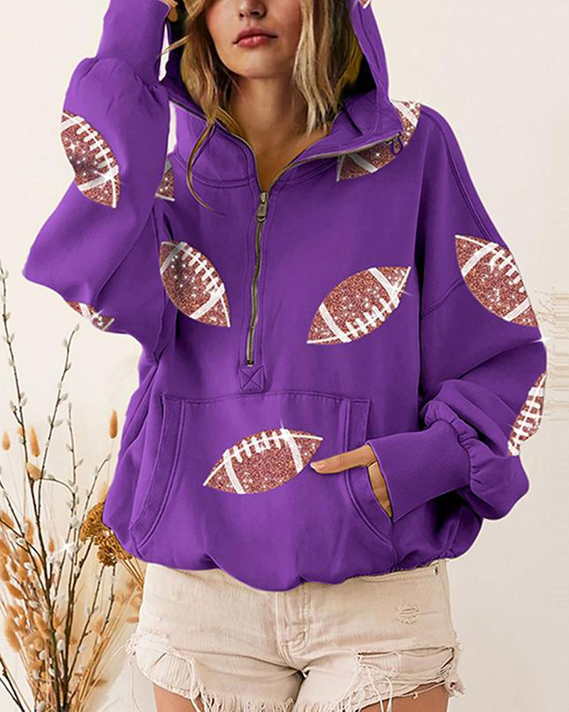 Football Sequin Hoodies Zipper Game Day Sweaters with Pocket