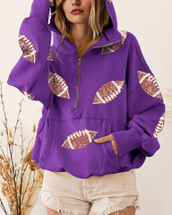 Football Sequin Hoodies Zipper Game Day Sweaters with Pocket