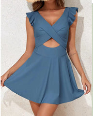 Women's Ruffle Cutout Tummy Control Beach One Piece Swimdress