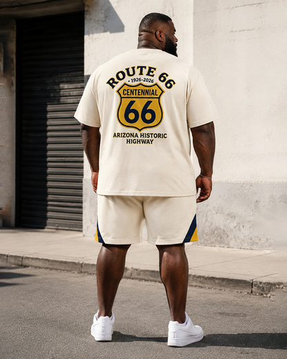 Big & Tall Men's Highway 66 Centennial Yellow Label Shield Printed Crewneck Short Sleeve T-Shirt Shorts Set