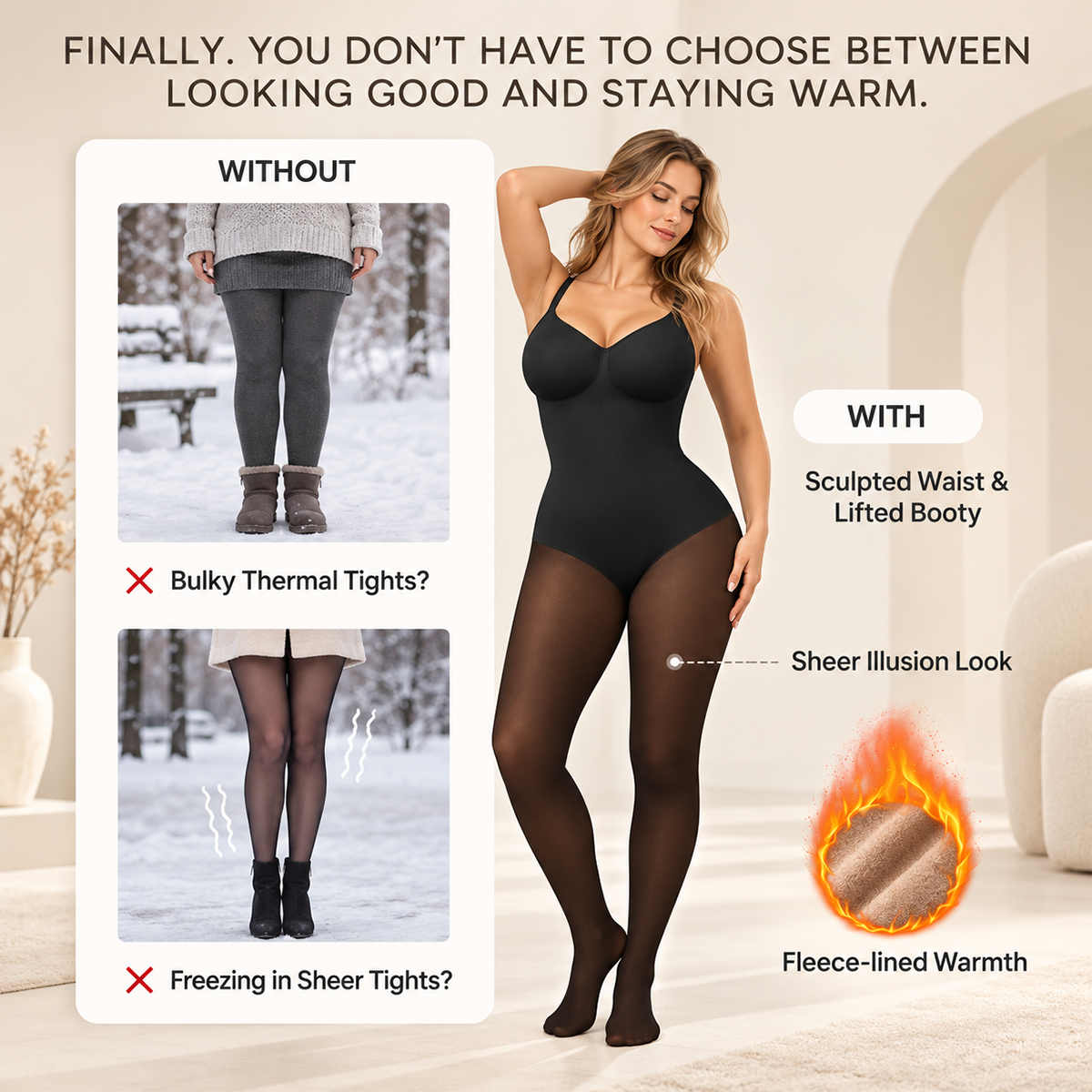 Sheer-Panel with Fleece Lined Tights Stay