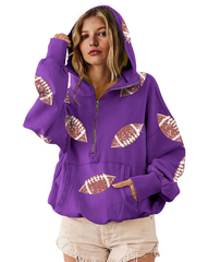 Football Sequin Hoodies Zipper Game Day Sweaters with Pocket