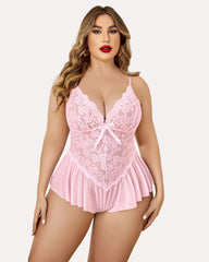 Plus Size Lingerie for Women Lace Bodysuit One Piece Teddy Babydoll Mesh Chemise V Neck Sleepwear