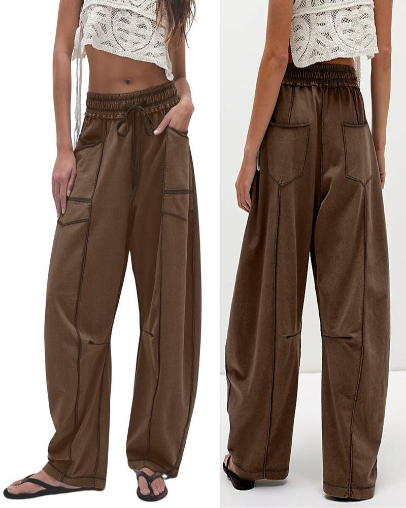 Women's Baggy Barrel Pants Wide Leg Drawstring Pockets Sweatpants