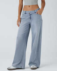 Asymmetric Low Rise Zipper Pockets Baggy Wide Leg Washed Casual Jeans