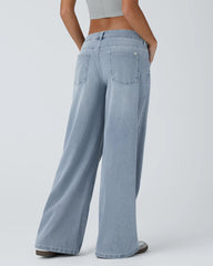 Asymmetric Low Rise Zipper Pockets Baggy Wide Leg Washed Casual Jeans