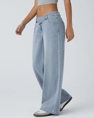 Asymmetric Low Rise Zipper Pockets Baggy Wide Leg Washed Casual Jeans