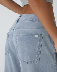 Asymmetric Low Rise Zipper Pockets Baggy Wide Leg Washed Casual Jeans