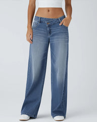 Asymmetric Low Rise Zipper Pockets Baggy Wide Leg Washed Casual Jeans