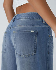 Asymmetric Low Rise Zipper Pockets Baggy Wide Leg Washed Casual Jeans