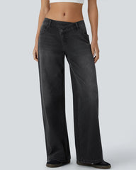 Asymmetric Low Rise Zipper Pockets Baggy Wide Leg Washed Casual Jeans