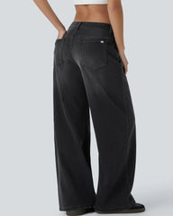 Asymmetric Low Rise Zipper Pockets Baggy Wide Leg Washed Casual Jeans