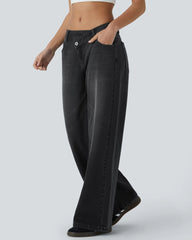 Asymmetric Low Rise Zipper Pockets Baggy Wide Leg Washed Casual Jeans