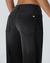 Asymmetric Low Rise Zipper Pockets Baggy Wide Leg Washed Casual Jeans