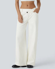Asymmetric Low Rise Zipper Pockets Baggy Wide Leg Washed Casual Jeans