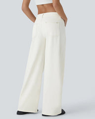 Asymmetric Low Rise Zipper Pockets Baggy Wide Leg Washed Casual Jeans