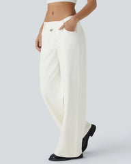 Asymmetric Low Rise Zipper Pockets Baggy Wide Leg Washed Casual Jeans