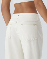 Asymmetric Low Rise Zipper Pockets Baggy Wide Leg Washed Casual Jeans
