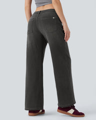 Asymmetric Low Rise Zipper Pockets Baggy Wide Leg Washed Casual Jeans