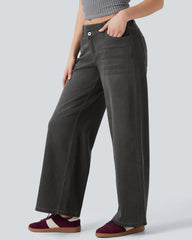 Asymmetric Low Rise Zipper Pockets Baggy Wide Leg Washed Casual Jeans