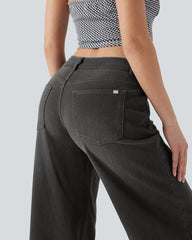 Asymmetric Low Rise Zipper Pockets Baggy Wide Leg Washed Casual Jeans