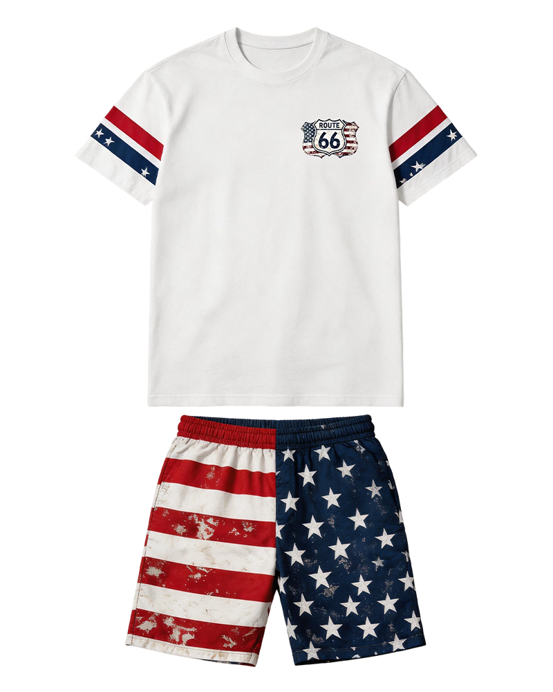 Big & Tall Men's Distressed Flag Road 66 Printed Crew Neck Short Sleeve T-shirt Shorts Set