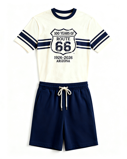 Big & Tall Men's Route 66 Centennial Striped Shield Printed Crewneck Short Sleeve T-Shirt Shorts Set