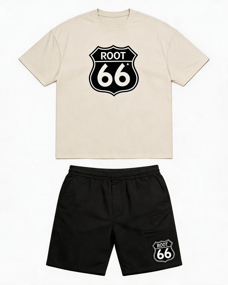 Big & Tall Men's Simple ROOT66 Shield Printed Round Neck Short Sleeve T-Shirt Shorts Set