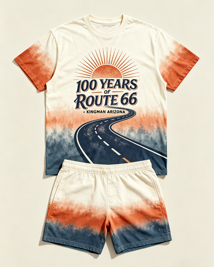 Big & Tall Men's Highway 66 Sunset Highway Gradient Printed Crewneck Short Sleeve T-Shirt Shorts Set