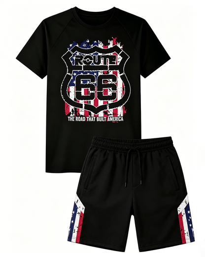 Big & Tall Men's Distressed Flag Route 66 Shield Printed Crew Neck Short Sleeve T-shirt Shorts Set