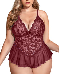 Plus Size Lingerie for Women Lace Bodysuit One Piece Teddy Babydoll Mesh Chemise V Neck Sleepwear