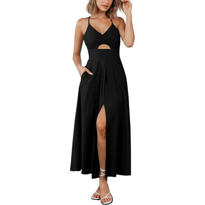 Women Solid Color Side Slit Spaghetti Strap Midi Dress