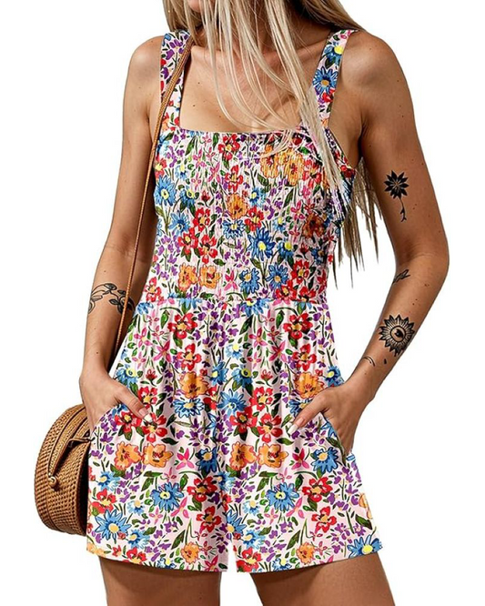 2025 Summer Casual Shrinky Jumpsuit Square Neck Sleeveless Loose Shorts