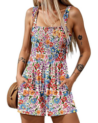 2025 Summer Casual Shrinky Jumpsuit Square Neck Sleeveless Loose Shorts